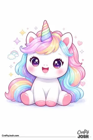 Kawaii unicorn sitting down with a happy expression