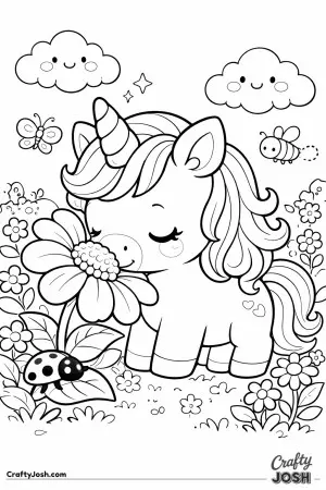 Cute kawaii unicorn smelling a flower