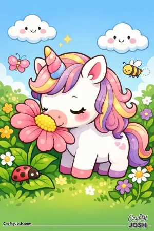 Cute kawaii unicorn smelling a flower