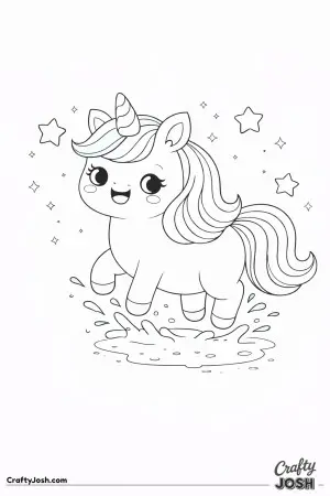 Cute kawaii unicorn splashing lightly in a puddle