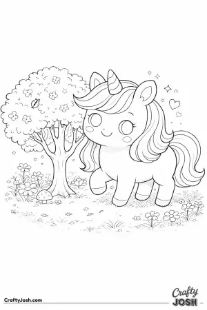 Cute kawaii unicorn standing beside a small tree
