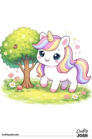 Cute kawaii unicorn standing beside a small tree