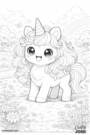 Kawaii unicorn standing in an open field