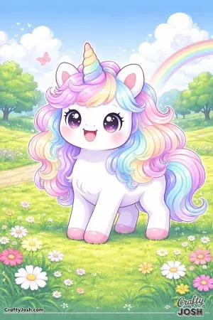 Kawaii unicorn standing in an open field