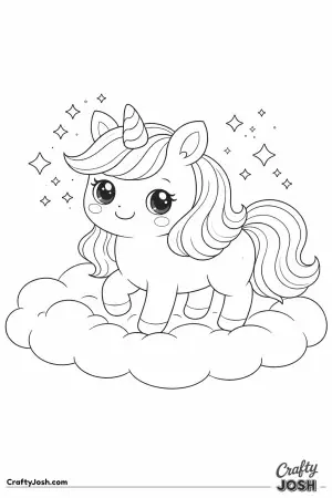 Cute kawaii unicorn standing on a soft cloud