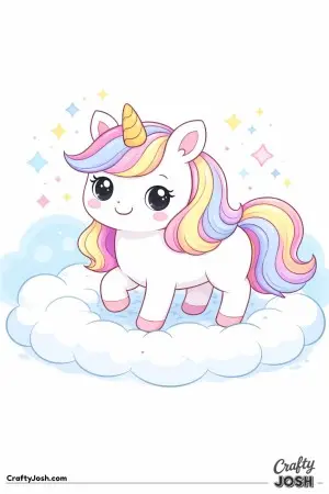 Cute kawaii unicorn standing on a soft cloud