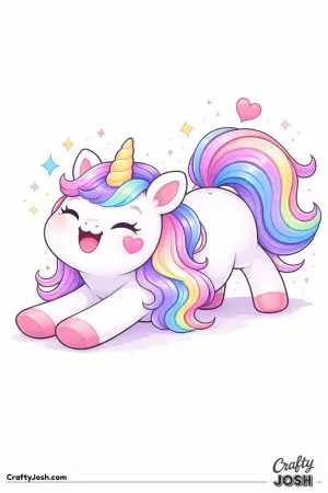 Kawaii unicorn stretching happily