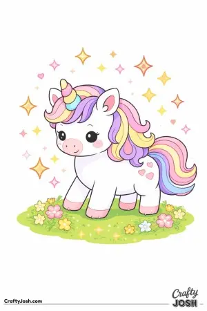 Cute kawaii unicorn surrounded by sparkles