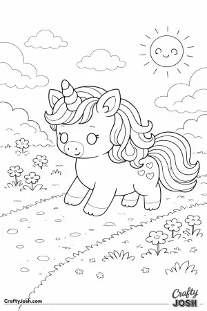 Cute kawaii unicorn trotting along a path