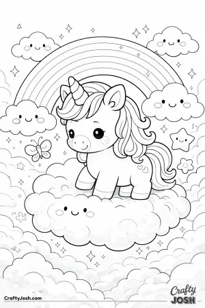 Cute kawaii unicorn under a rainbow in the sky