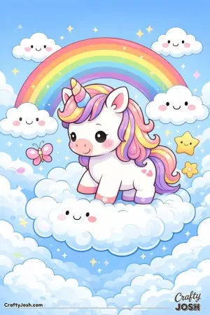 Cute kawaii unicorn under a rainbow in the sky