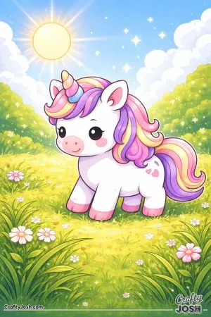 Kawaii unicorn under a sunny sky