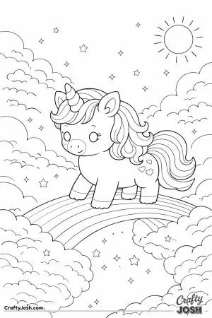 Cute kawaii unicorn walking across a rainbow bridge