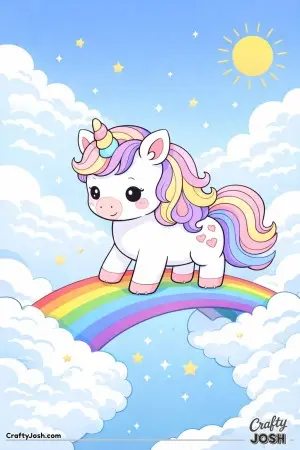 Cute kawaii unicorn walking across a rainbow bridge