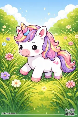 Kawaii unicorn walking through tall grass