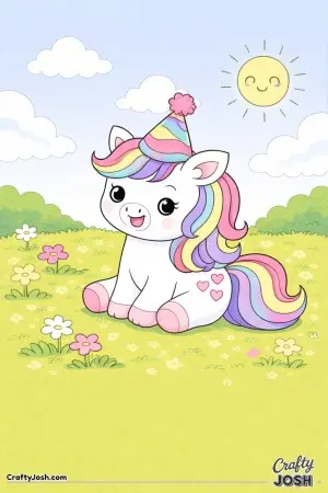 Cute kawaii unicorn wearing a party hat