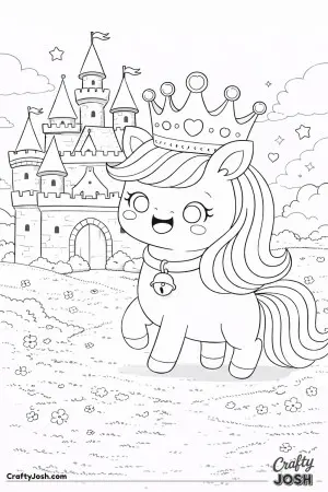 Cute kawaii unicorn wearing a crown outside a castle