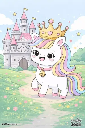 Cute kawaii unicorn wearing a crown outside a castle