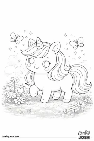 Kawaii unicorn with butterflies nearby