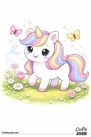 Kawaii unicorn with butterflies nearby