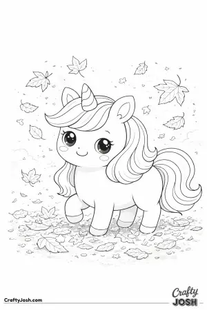 Kawaii unicorn with falling leaves around them
