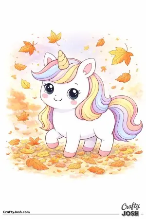 Kawaii unicorn with falling leaves around them