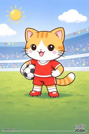 Kawaii cat wearing a soccer jersey holding a soccer ball proudly under one arm, standing pose