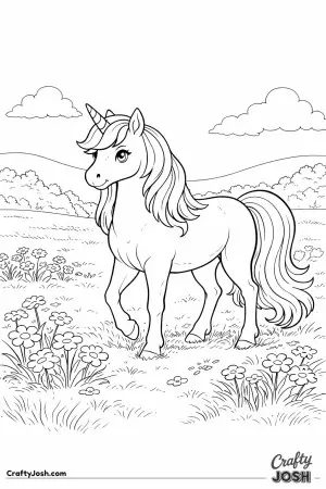 This gentle unicorn is enjoying a peaceful day in a sunny meadow, surrounded by flowers and rolling hills