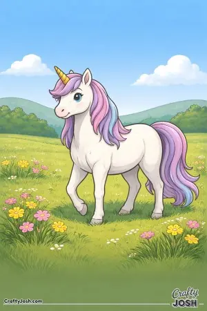 This gentle unicorn is enjoying a peaceful day in a sunny meadow, surrounded by flowers and rolling hills