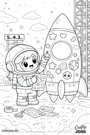 A cute girl astronaut decorates a rocket with fun stickers before launch, surrounded by stars, clouds, and space-themed tools
