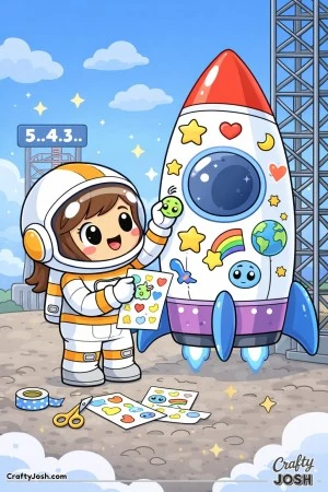 A cute girl astronaut decorates a rocket with fun stickers before launch, surrounded by stars, clouds, and space-themed tools