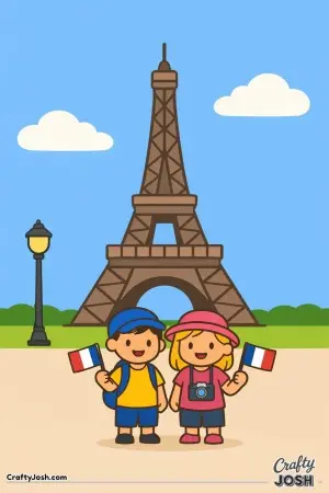 This image shows the Eiffel Tower in France, with two happy visitors standing below and enjoying the view on a calm day