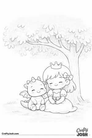 This picture shows a princess and her baby dragon friend sitting together under a leafy tree