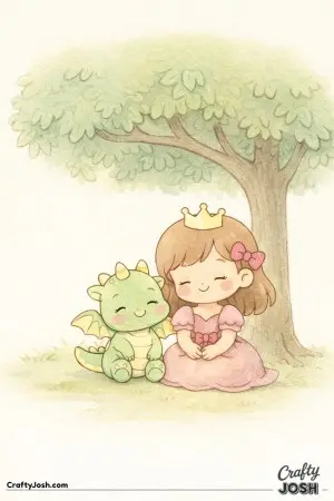This picture shows a princess and her baby dragon friend sitting together under a leafy tree