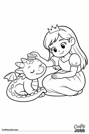 A princess carefully brushes a happy baby dragon while kneeling beside it