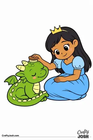 A princess carefully brushes a happy baby dragon while kneeling beside it