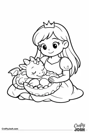 The princess is sitting on the ground while a baby dragon curls up happily in her lap