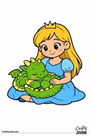 The princess is sitting on the ground while a baby dragon curls up happily in her lap