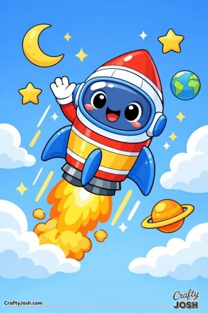A cartoon rocket with big eyes wears a helmet and waves happily as it zooms upward through space surrounded by stars, planets, clouds, and a moon