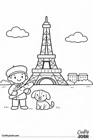 Travel to France with this simple Eiffel Tower coloring page, featuring a smiling baker holding a baguette and a happy dog sitting close by