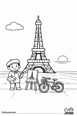 A calm sunset scene in France features the Eiffel Tower with an artist painting in front of it on a quiet plaza