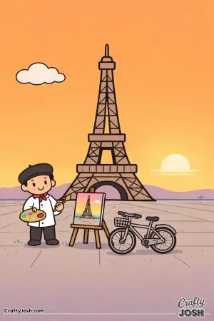A calm sunset scene in France features the Eiffel Tower with an artist painting in front of it on a quiet plaza