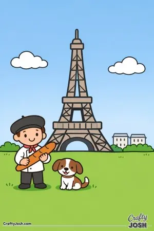 Travel to France with this simple Eiffel Tower coloring page, featuring a smiling baker holding a baguette and a happy dog sitting close by