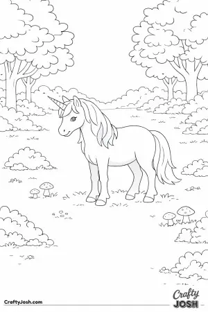 This unicorn is exploring a quiet forest clearing, standing right in the center with mushrooms and bushes nearby