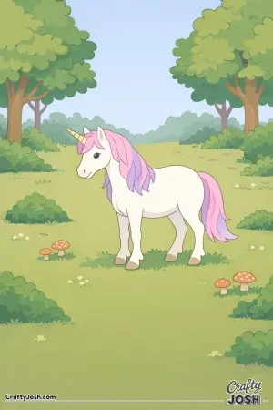 This unicorn is exploring a quiet forest clearing, standing right in the center with mushrooms and bushes nearby