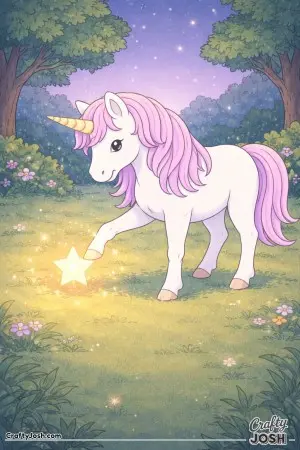 This unicorn is trying out some magic as it touches a floating star with its hoof