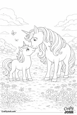These two unicorns share a peaceful, magical moment in the meadow