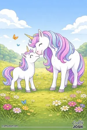 These two unicorns share a peaceful, magical moment in the meadow