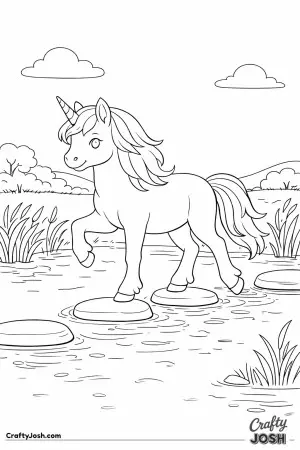 A unicorn carefully hops from stone to stone as it crosses a quiet pond