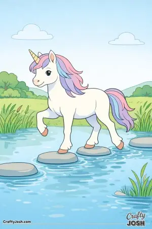 A unicorn carefully hops from stone to stone as it crosses a quiet pond
